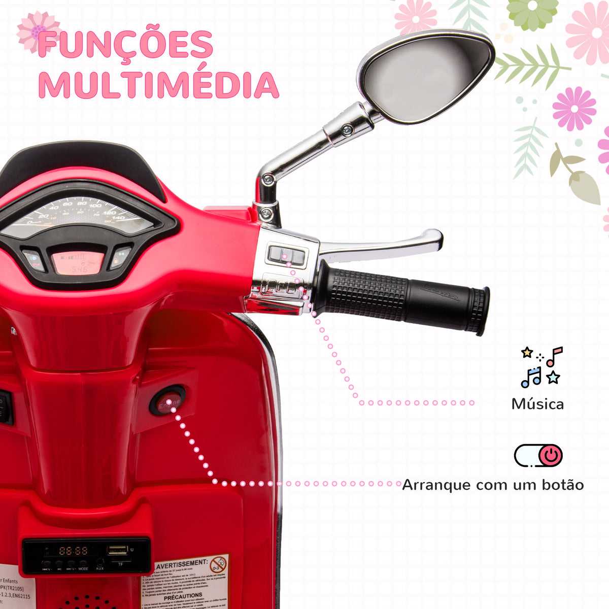Moto Elétrica para Crianças de 3-6 Anos com Licença Vespa Motocicleta de Bateria 6V com USB MP3 Luz LED Rádio FM Moto para Crianças com Velocidade 3 km/h Carga 35 kg Vermelho — foto 5