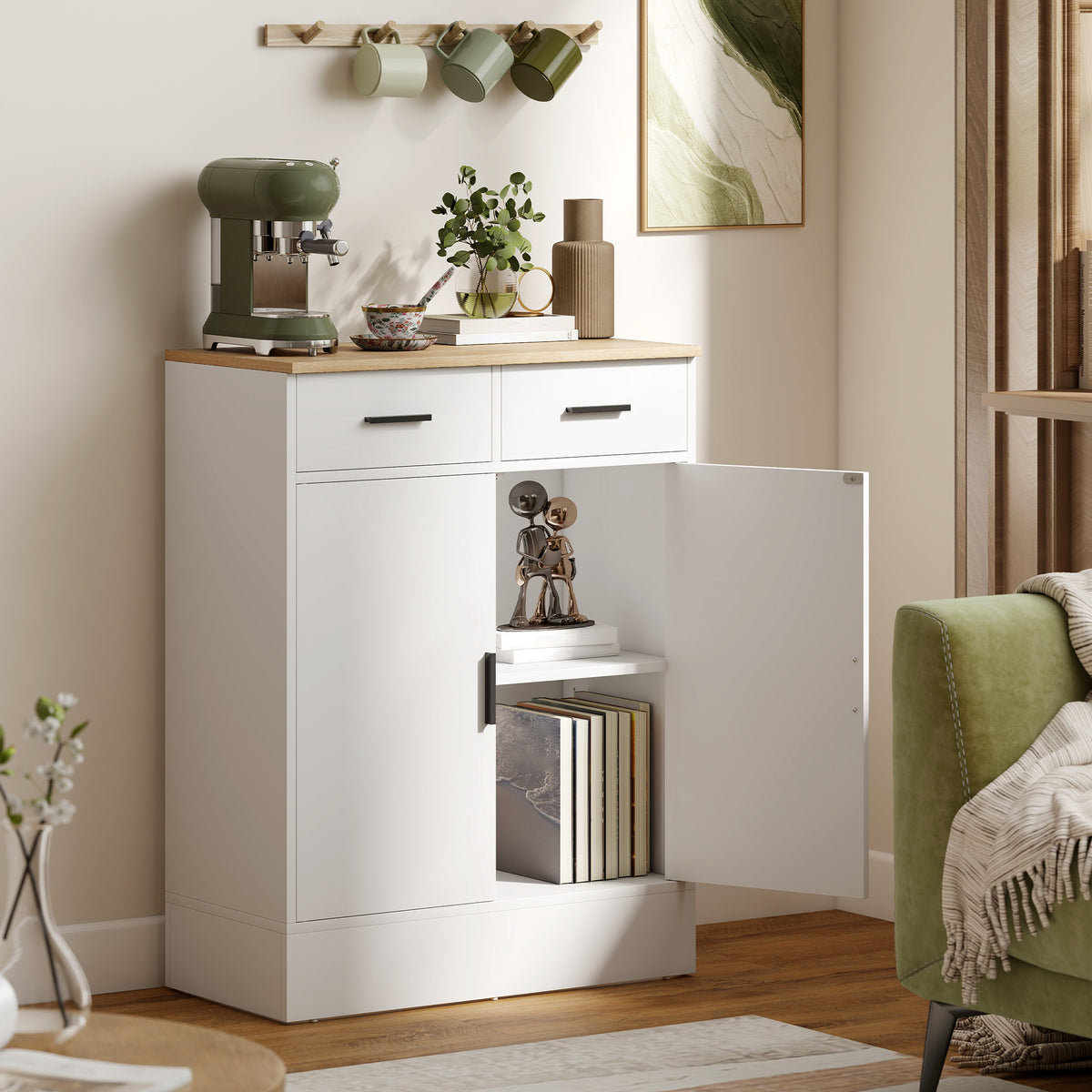 Aparador de 2 Portas Aparador de Sala de Estar com 2 Gavetas e Prateleiras Ajustáveis para Cozinha Entrada Quarto 68,6x35x90,3 cm Branco e Madeira — foto 2