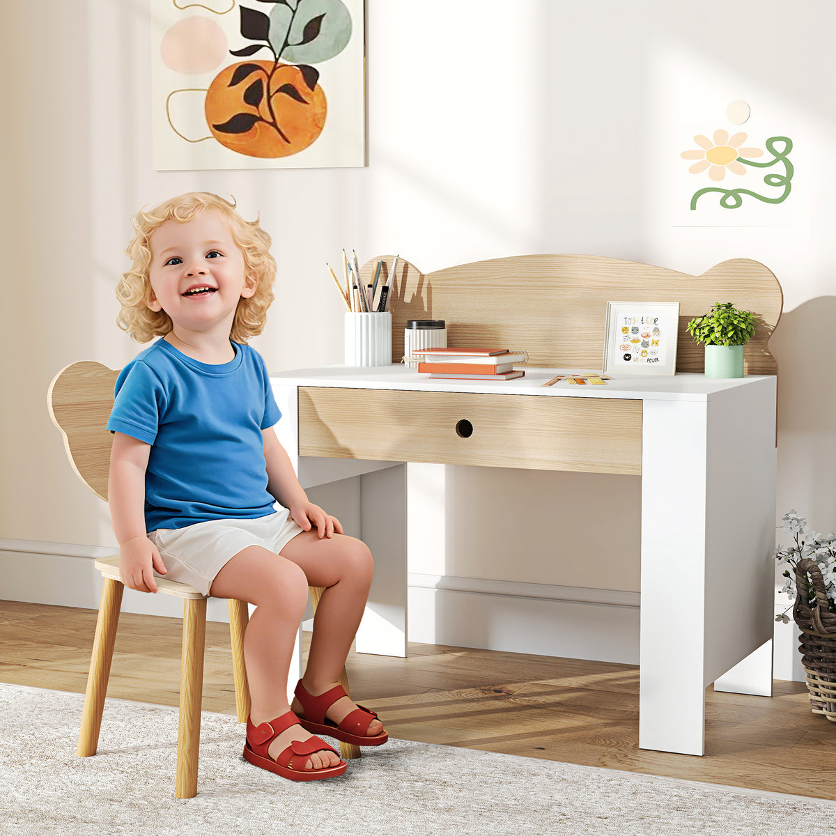 Secretária para Crianças com Cadeira em Forma de Ursinho Secretária Infantil com Gaveta para Estudar Ler e Desenhar Mesa para Crianças para Dormitório Branco e Madeira — foto 2