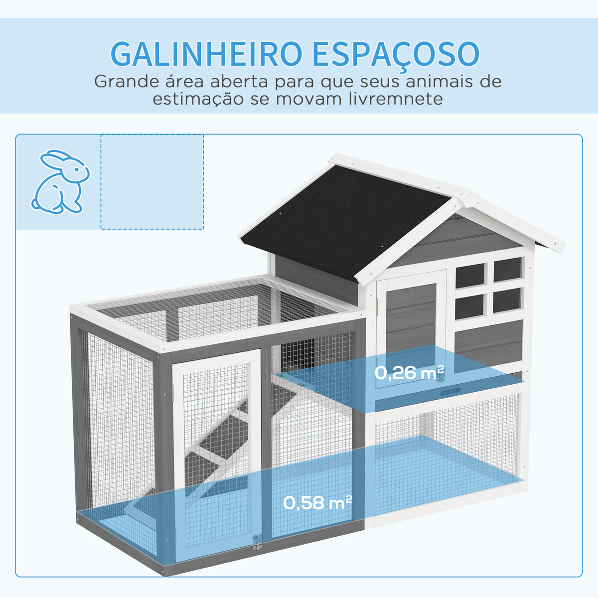 Coelheira de Madeira Exterior de 2 Níveis Gaiola para Coelhos Animais Pequenos com Zona Aberta Teto Asfáltico Bandeja Removível e Rampa 122x62,6x92 cm Cinzento — foto 4