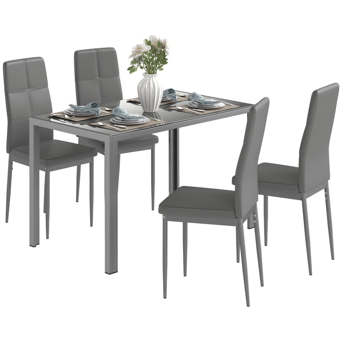 Conjunto de Sala de Jantar 5 Peças com Mesa Retangular de Vidro Temperado e 4 Cadeiras em PU Cinzento — imagem 13