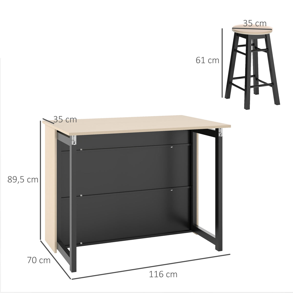Conjunto de bar 3 peças, mesa de bar com tampo dobrável, 2 bancos, 6 compartimentos de arrumação, preto+carvalho, 116 x 70 x 89,5 cm — foto 2