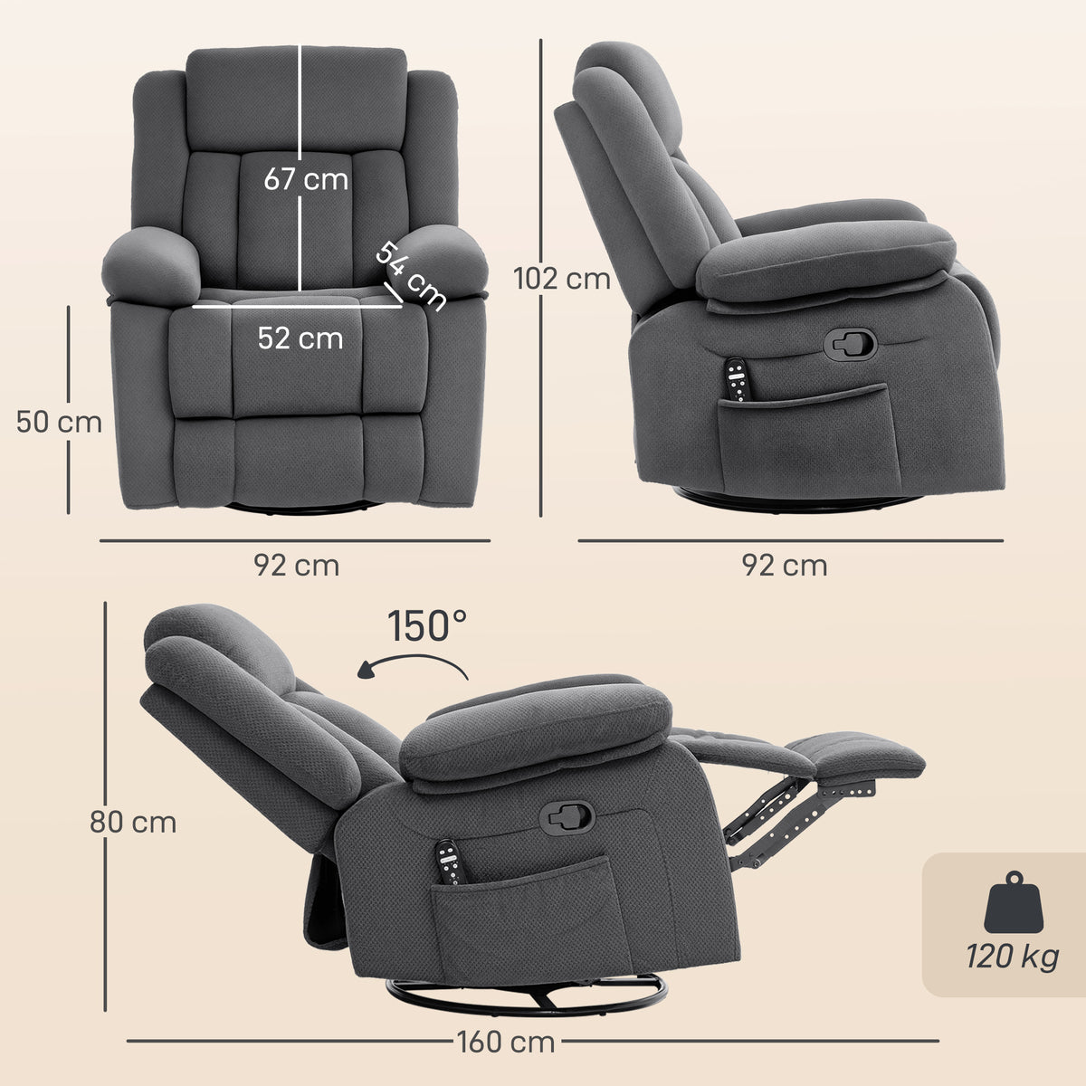 Poltrona de Relaxamento com Massagem Vibratória e Aquecimento Cadeira Giratória Ajustável Manualmente com Função de Balanço e Molas Ensacadas Cinza — foto 2