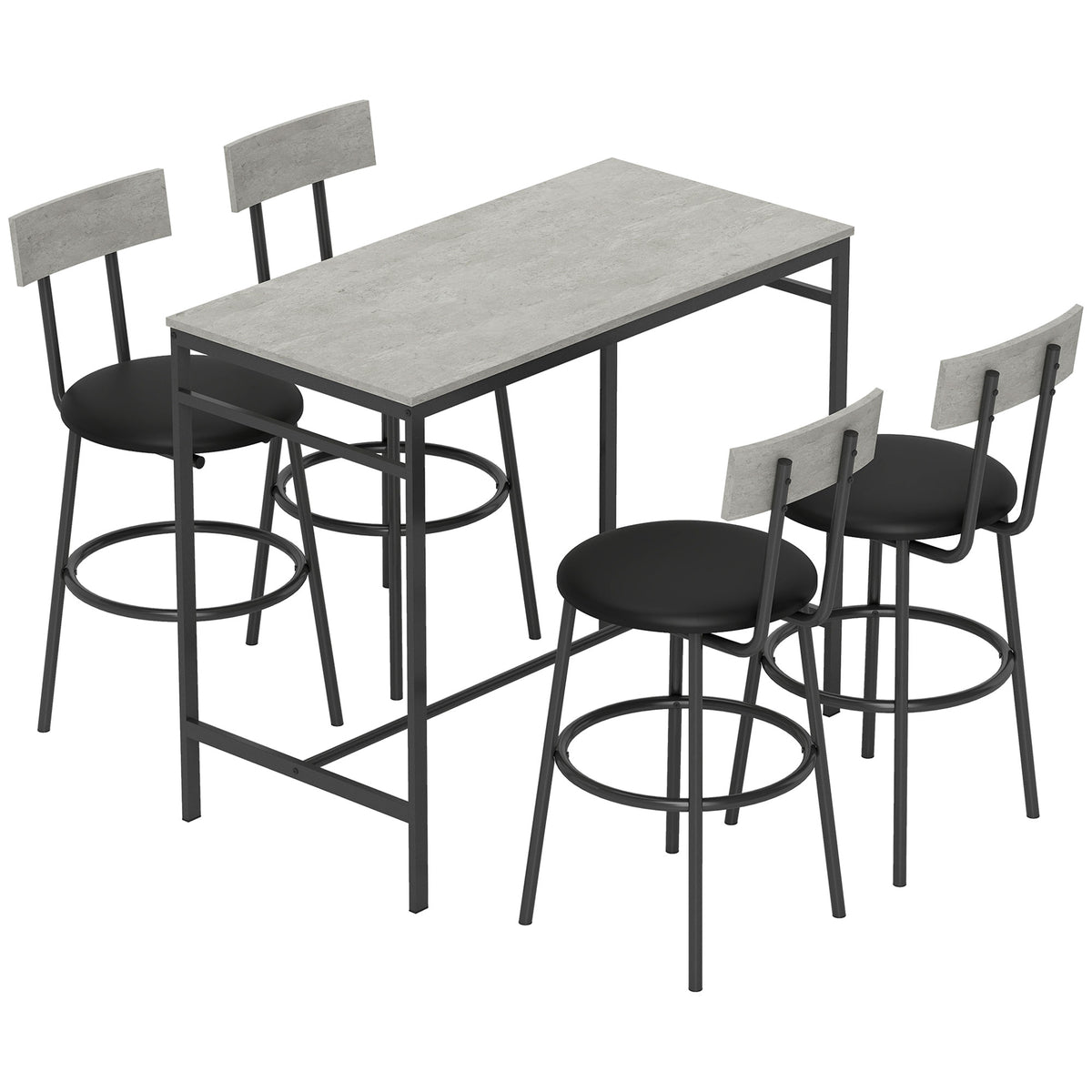 Conjunto de Mesa Alta de Bar com 4 Bancos, Assentos em PU, Encosto e Apoio para os Pés, Cinzento-claro — foto 1