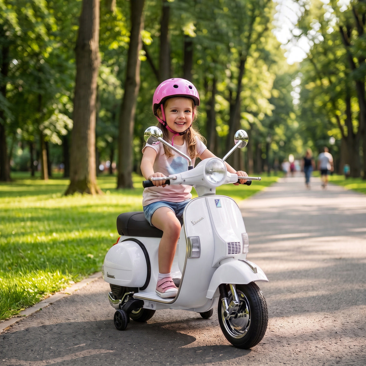 Mota Elétrica para Crianças 12V Vespa PX150 com Rodas Auxiliares, 2 Motores, Suspensão Traseira, Música, Luzes, 3 km/h, 3-6 Anos, Branco — imagem 3