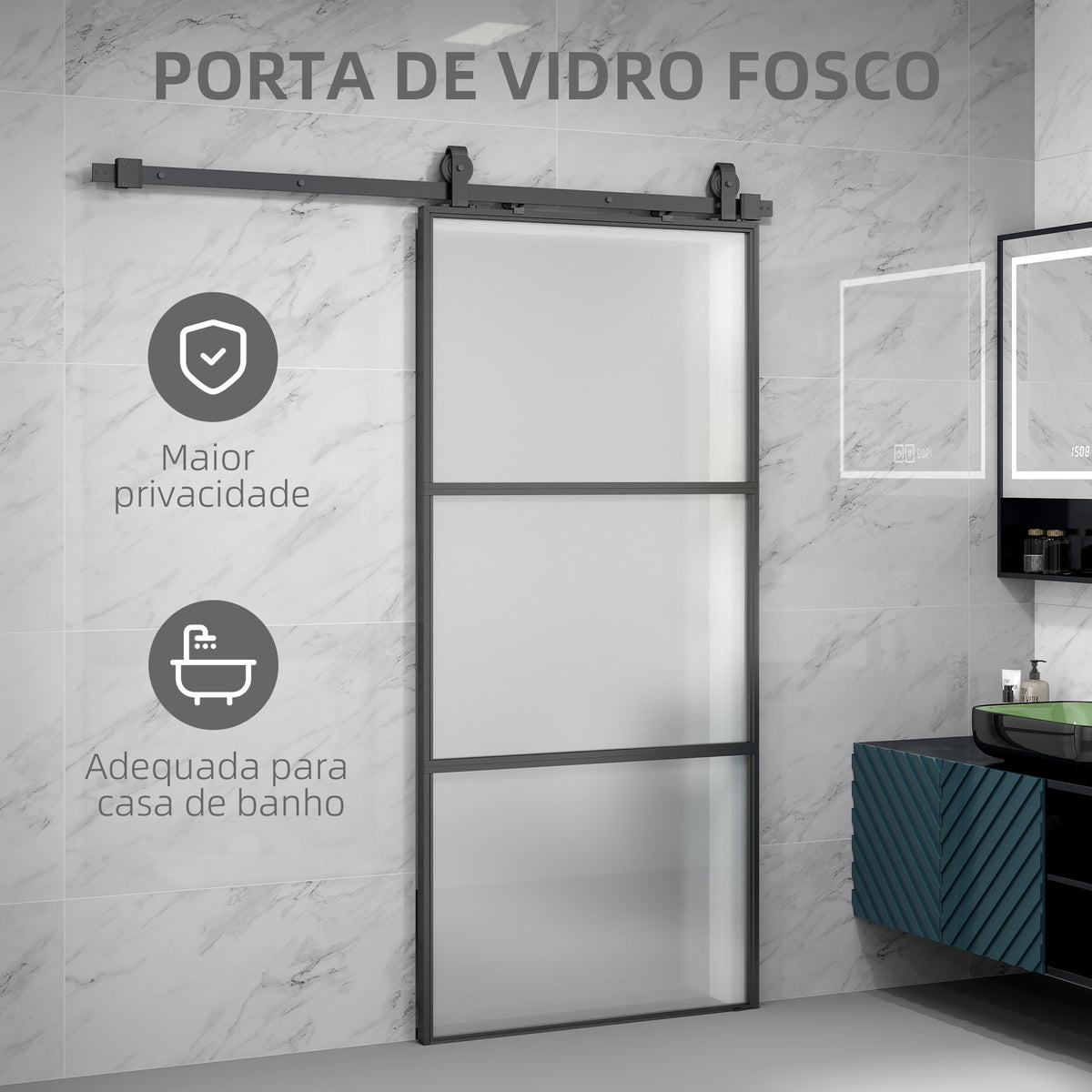 Porta de Correr com Acessórios Porta de Correr de Vidro com Mecanismo de Fecho Suave para Casa de Banho Sala de Estar Cozinha 91,4x203,2 cm Preto — foto 5