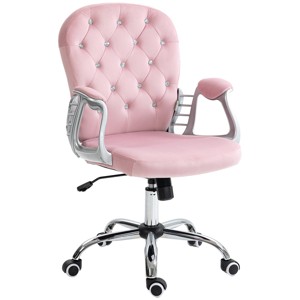 Cadeira de Escritório Estofada em Veludo Cadeira Giratória com Altura Ajustável Apoio para os Braços e Decorações de Cristal Carga 120 kg Cadeira para Estudio Dormitório Rosa — foto 1