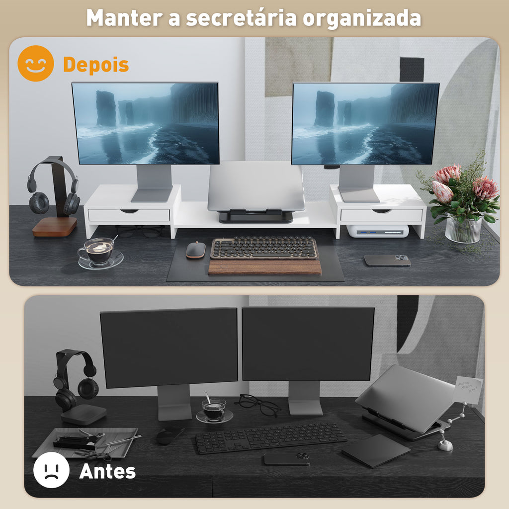 Suporte para Monitor com Ângulo e Comprimento Ajustável Suporte para Monitor com 2 Gavetas para Escritório Suporte para Monitor Portátil 60-116x22x12 cm Branco — foto 5