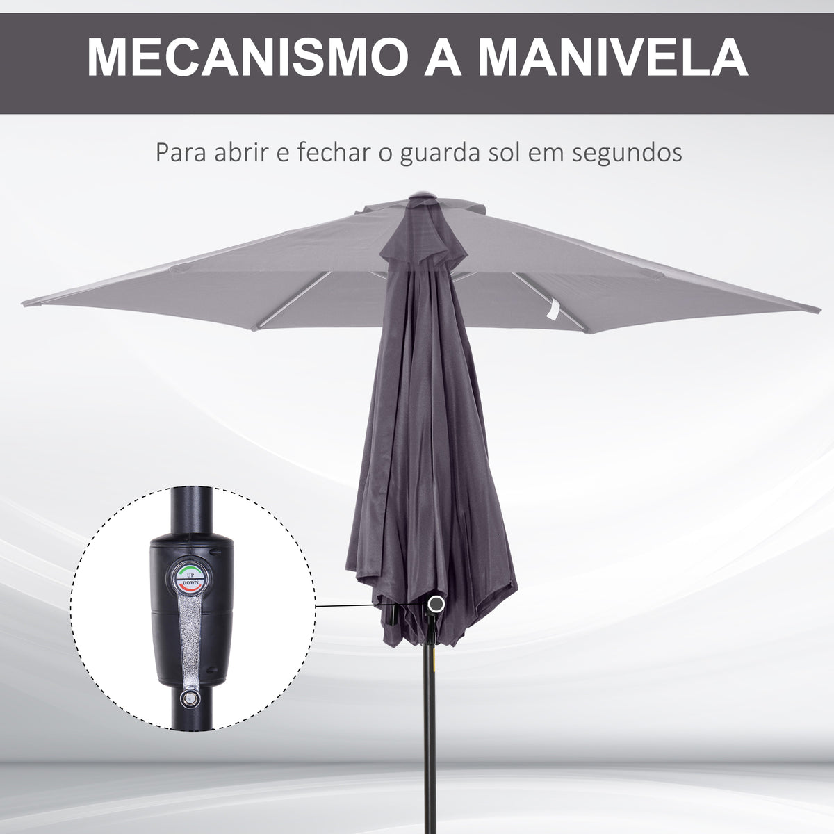 Chapéu de Sol de Jardim Ø270x235cm Chapéu de Sol de Alumínio Reclinável com Manivela e 6 Hastes para Terraço Exterior Balcão Cinza — foto 5