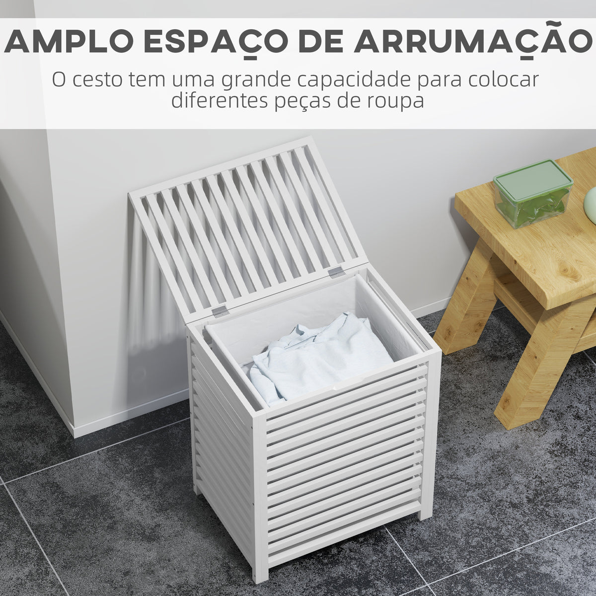 Cesto de Roupa de Bambu Cesto Roupa Suja Capacidade 55L com Bolsa Amovível Forma Retangular 50x36x60 cm Branco — foto 4