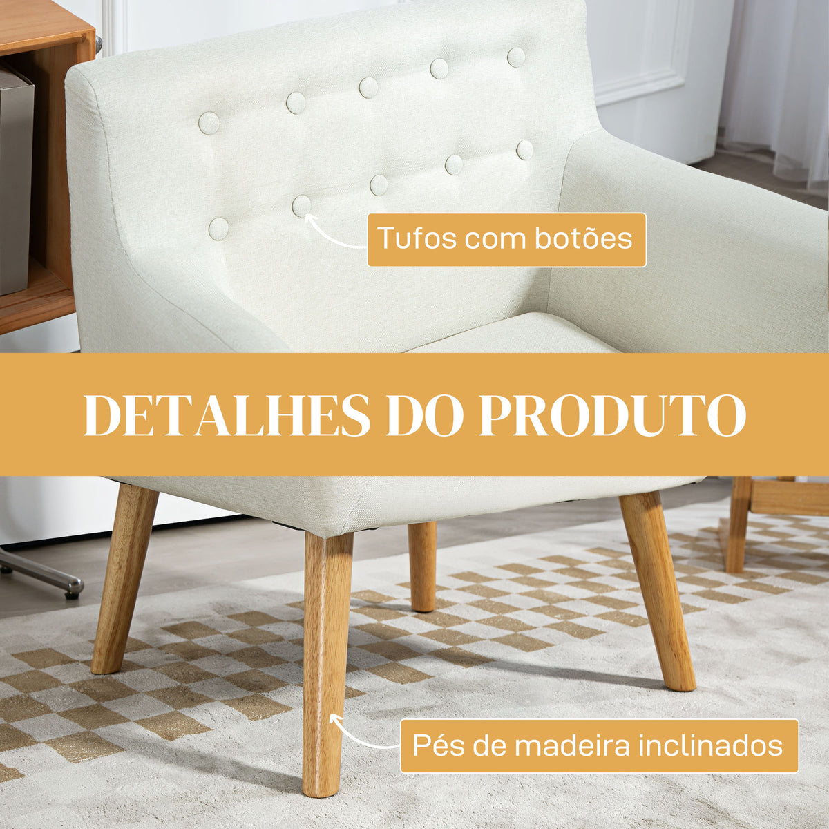 Poltrona de Sala de Estar Poltrona para Dormitório com Apoio para os Braços e Pés de Madeira Sofá Individual Carga 125 kg para Escritório Sala de Estar 68x58,5x76 cm Creme — foto 4