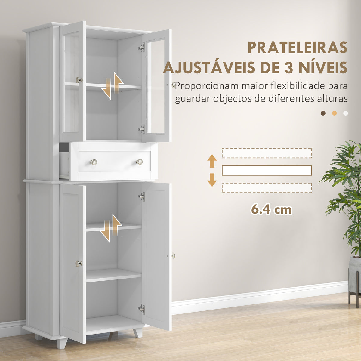 Armário de Cozinha Móvel Auxiliar de Cozinha com 2 Portas de Vidro Temperado Gaveta e Prateleiras Ajustáveis para Sala 61x35x168,5 cm Branco — foto 5