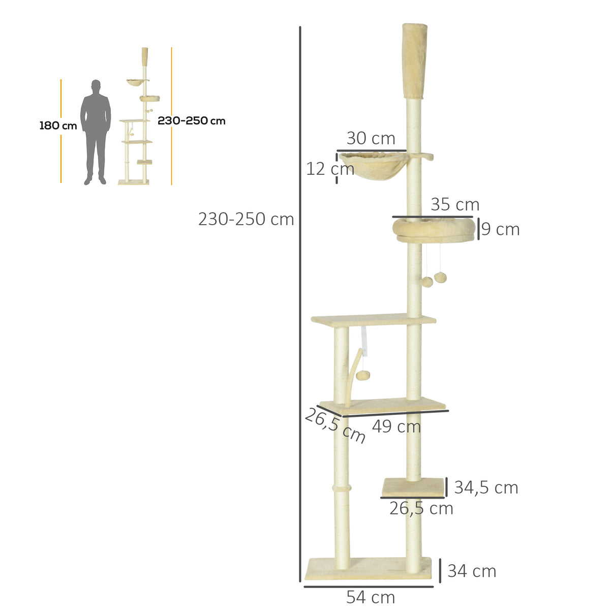 Arranhador para Gatos do Solo ao Teto de 230-250 cm Arranhador para Gatos com Altura Ajustável Múltiplas Plataformas Rede Bolas Suspensas Bege — foto 3