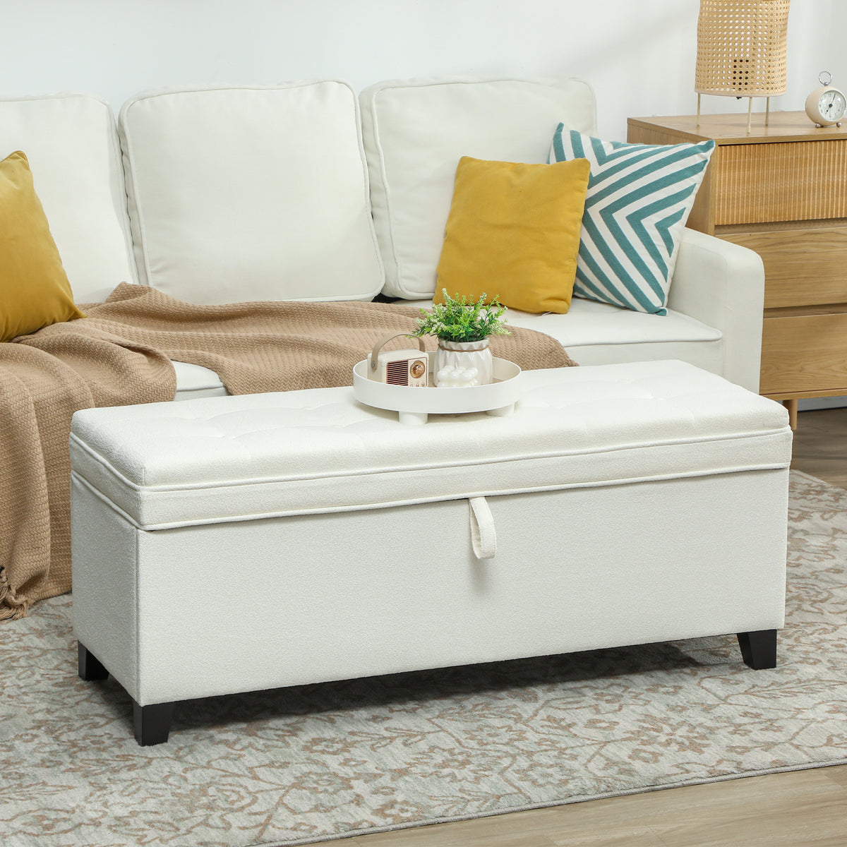 Puff de Armazenamento Banco com 112L Estofado em Linho com 2 Dobradiças de Segurança Tampa Rebatível e Assento com Capitonê para Sala de Estar Quarto Entrada Suporta 120 kg 120x40x48 cm Creme — foto 2