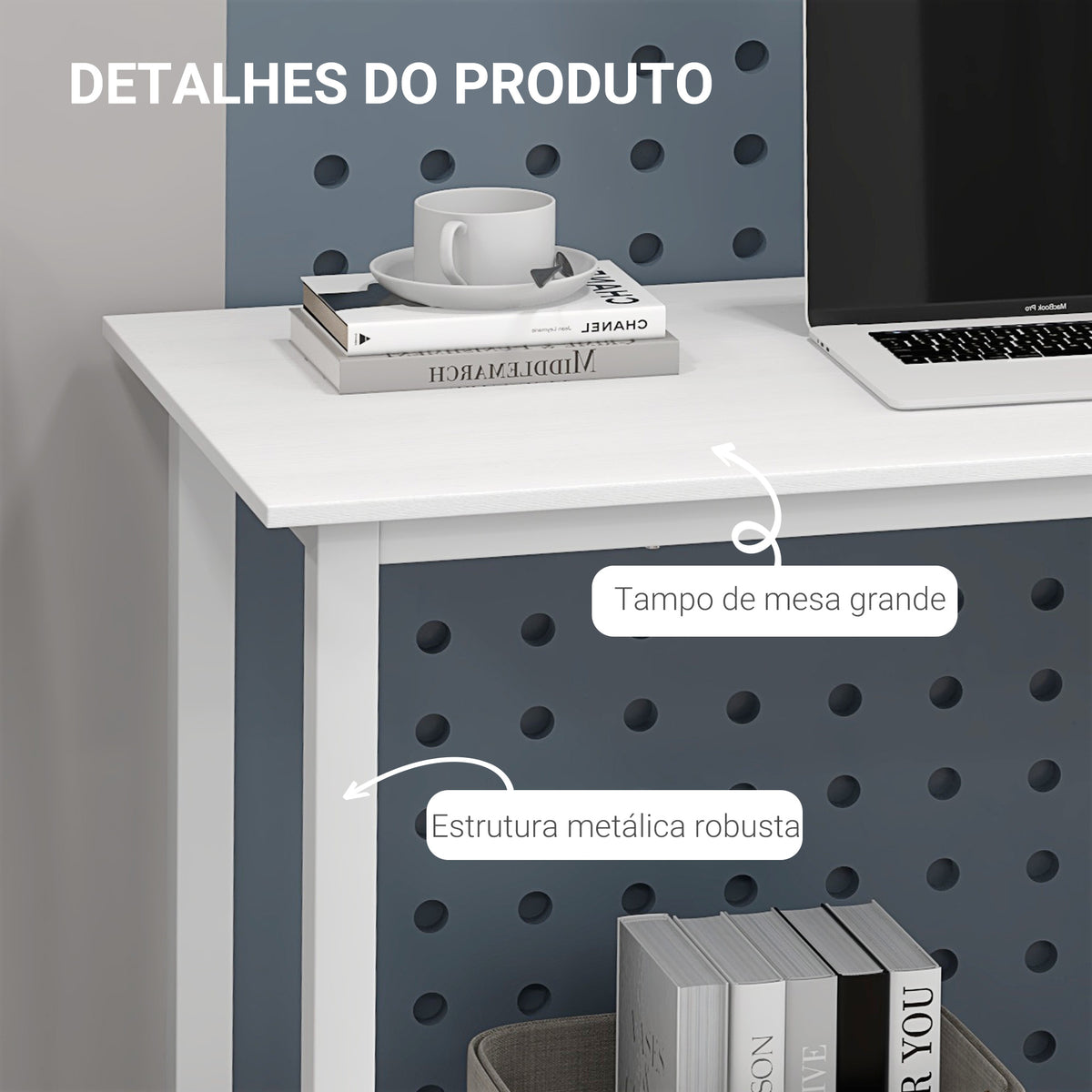 Secretária Moderna Mesa de Estudo com Estrutura de Aço e Pés Ajustáveis Mesa de Computador para Escritório Casa 120x60x76 cm Branco — foto 5