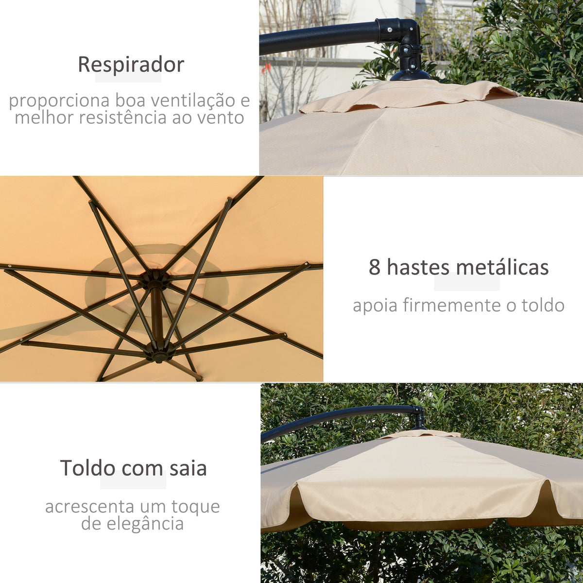 Chapéu de Sol de Jardim Ø265 cm Chapéu de Sol Excêntrico com Teto Inclinável Manivela 8 Hastes de Metal e Base Cruzada Proteção Solar para Terraço Varanda Exterior Bege — foto 6