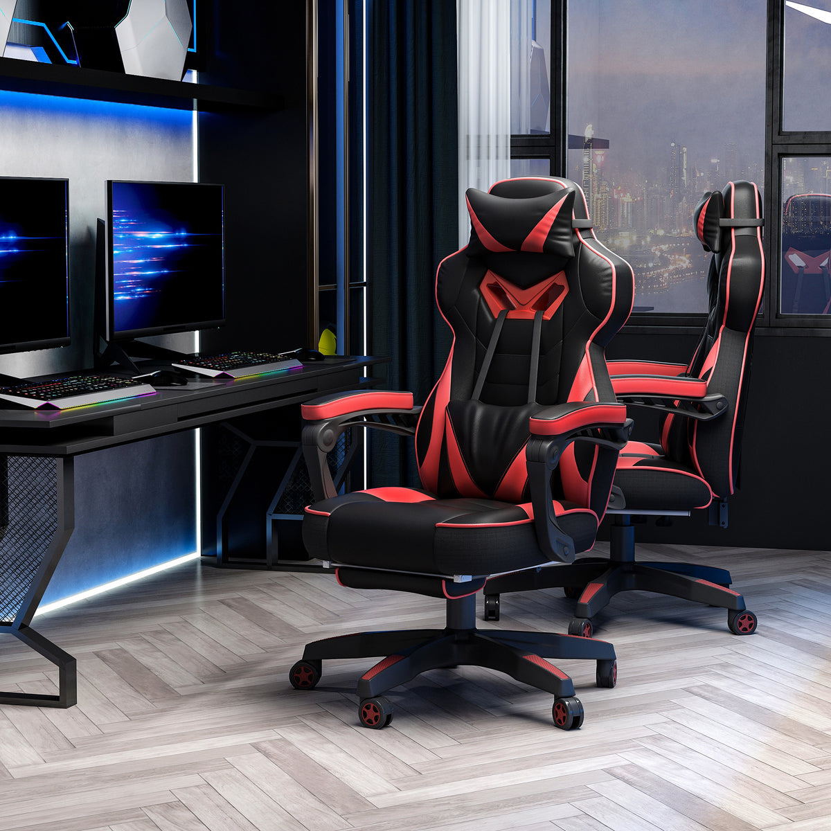 Cadeira de escritorio gaming ergonômica Altura ajustável Reclinável Encosto com apoio para pés Encosto de cabeça Almofada lombar Rodas 65x70x118,5-126,5 cm Vermelho e Preto — foto 2