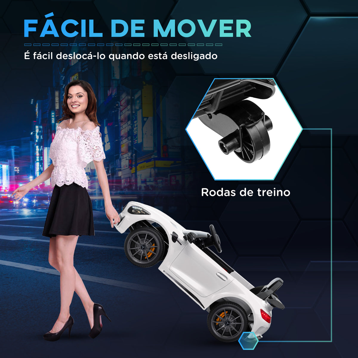 Carro Elétrico para Crianças acima de 3 Anos Carro Mercedes-Benz AMG GTR Carro Elétrico Infantil com Bateria 12V Controlo Remoto Faróis Buzina e Música 108x67x46 cm Branco — foto 5