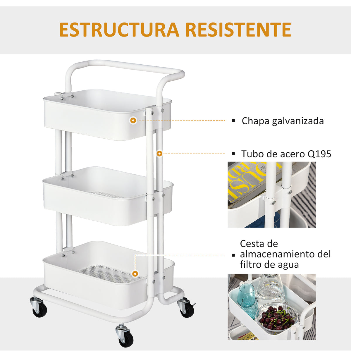 Carrinho Auxiliar de 3 Níveis com Rodas e 3 Prateleiras de Malha Metálica Carga de 20kg Branco 44x36x83cm — foto 5