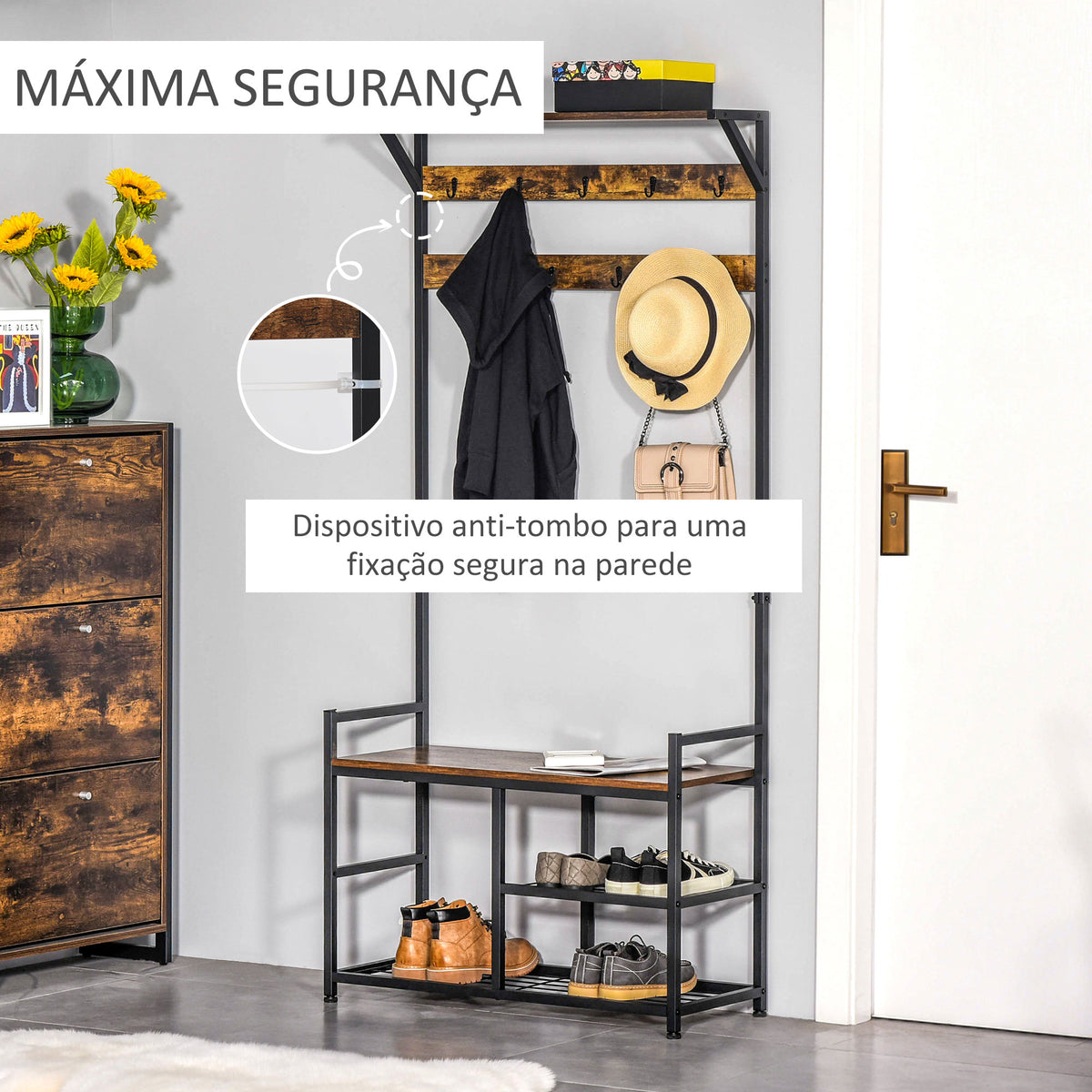 Móvel Cabide de Entrada com 3 Prateleiras 9 Ganchos Armário de Entrada com Cabides de Estilo Industrial 84x34,5x180cm Marrom e Preto — foto 5