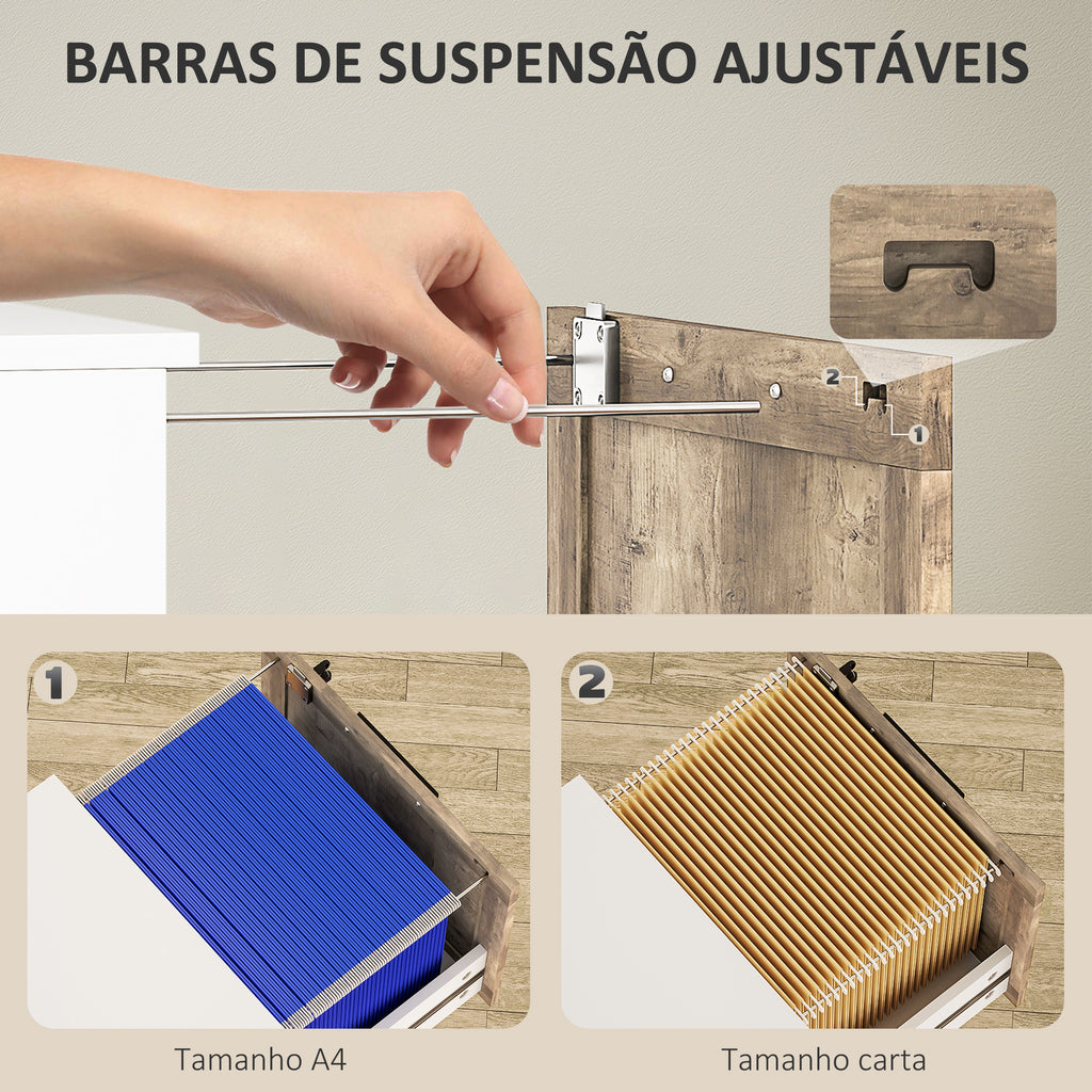 Bloco de Gavetas de Escritório com 4 Gavetas Bloco de Gavetas para Secretária com Fecho e 2 Chaves Barras para Pendurar A4 Carta Arquivador Móvel para Estudo 39,4x40x129 cm Branco e Madeira — foto 5
