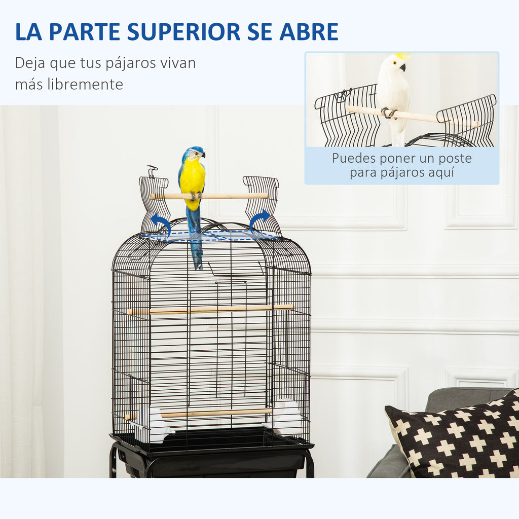 Gaiola para Passáros com Suporte Gaiola com 4 Rodas Teto com Abertura 2 Comedouros 3 Poleiros Bandeja Removível e Prateleira Inferior 46x36x130cm Preto — foto 4
