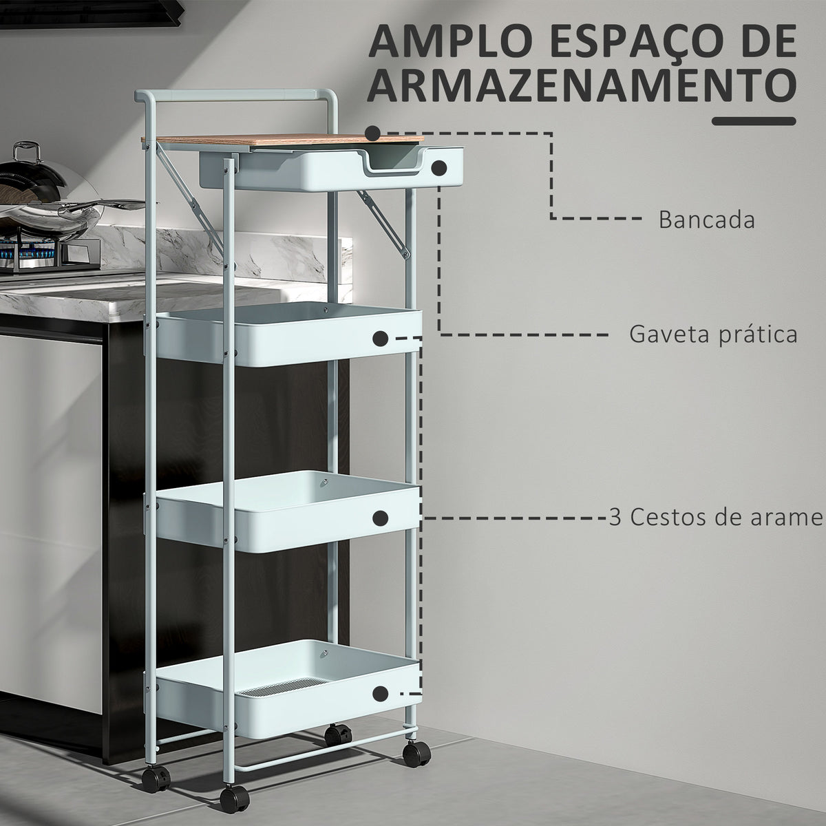 Carrinho Auxiliar com Rodas de 4 Níveis Carrinho de Cozinha com 1 Gaveta e 3 Cestos Carrinho Organizador para Dormitorio Sala Escritório 45x29,5x117,5 cm Verde — foto 4