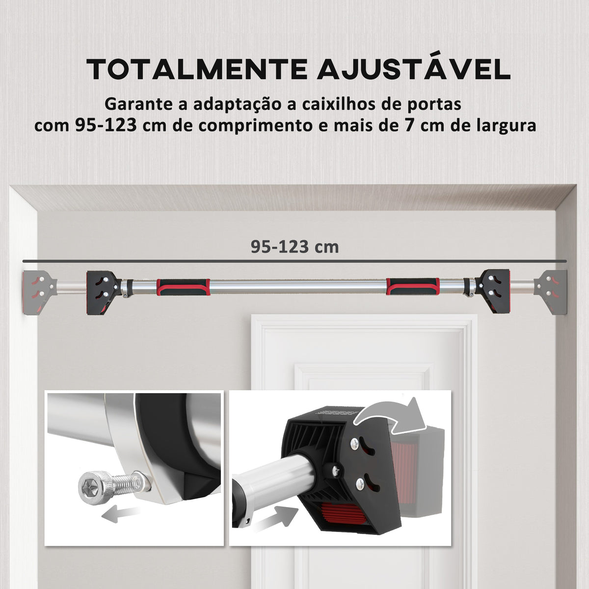 Barra de Elevação para Porta Barra para Fazer Elevações Ajustável de 95 cm a 123 cm Carga 200 kg para Exercícios e Treino em Casa Ginásio Vermelho e Preto — foto 4