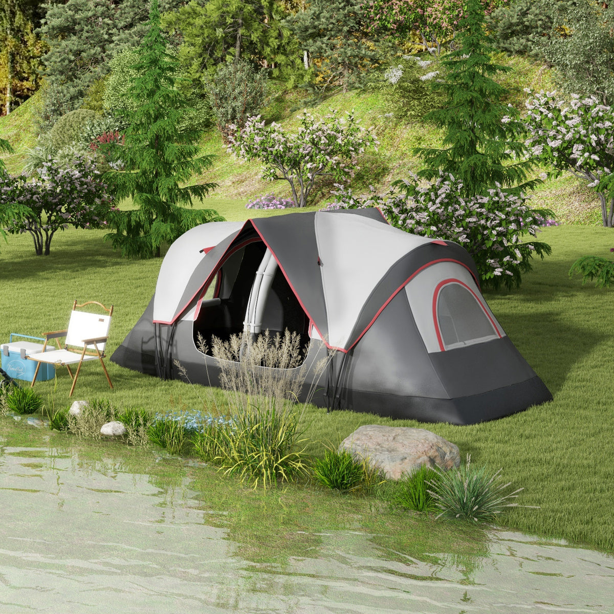 Tenda de Campismo Familiar para 4-5 Pessoas Tenda de Campismo Dobrável com 2 Quartos e Bolsa de Transporte Impermeável para Trekking 450x215x180 cm Cinza — foto 2