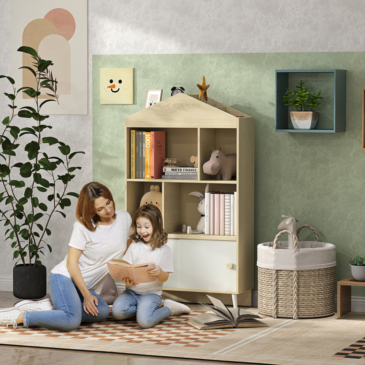 Estante Infantil de Madeira com 4 Compartimentos Estante de Livros para Crianças com Prateleiras Abertas e Armário para Domitório Sala de Jogos 80x30x140,5 cm Branco e Madeira — foto 2