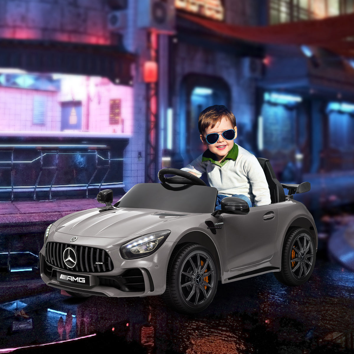 Carro Elétrico para Crianças acima de 3 Anos Carro Mercedes-Benz AMG GTR Carro Elétrico Infantil com Bateria 12V Controlo Remoto Faróis Buzina e Música 108x67x46 cm Prata — foto 2