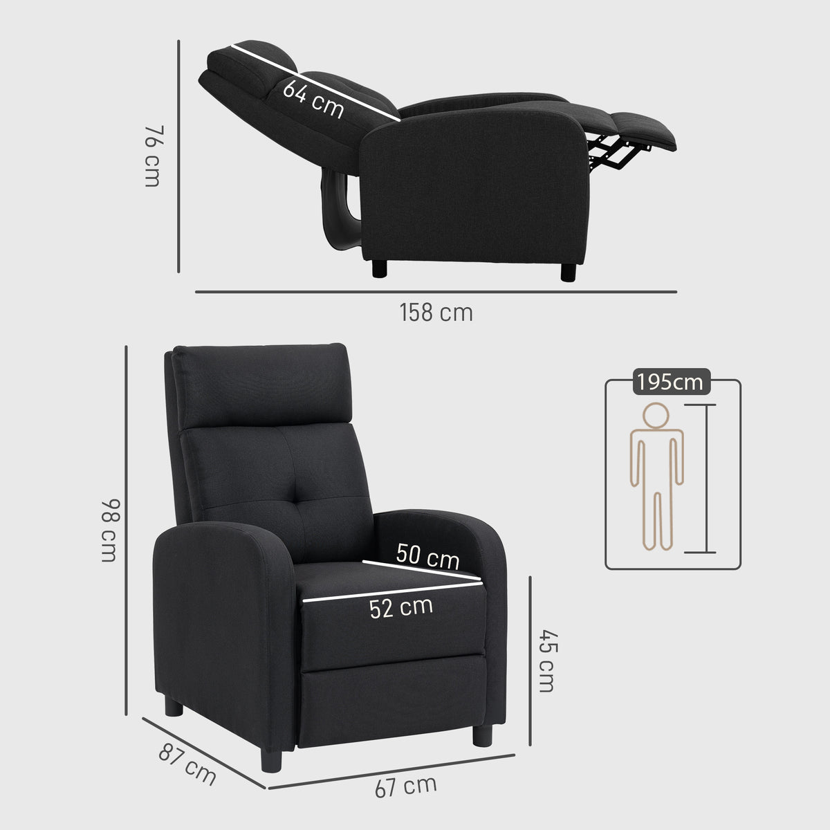 Poltrona Relax Reclinável até 155° Poltrona Reclinável Manual Estofado em Tecido Carga Máxima 150 kg para Pessoas com Altura Inferior 195 cm 67x87x98 cm Preto — foto 3