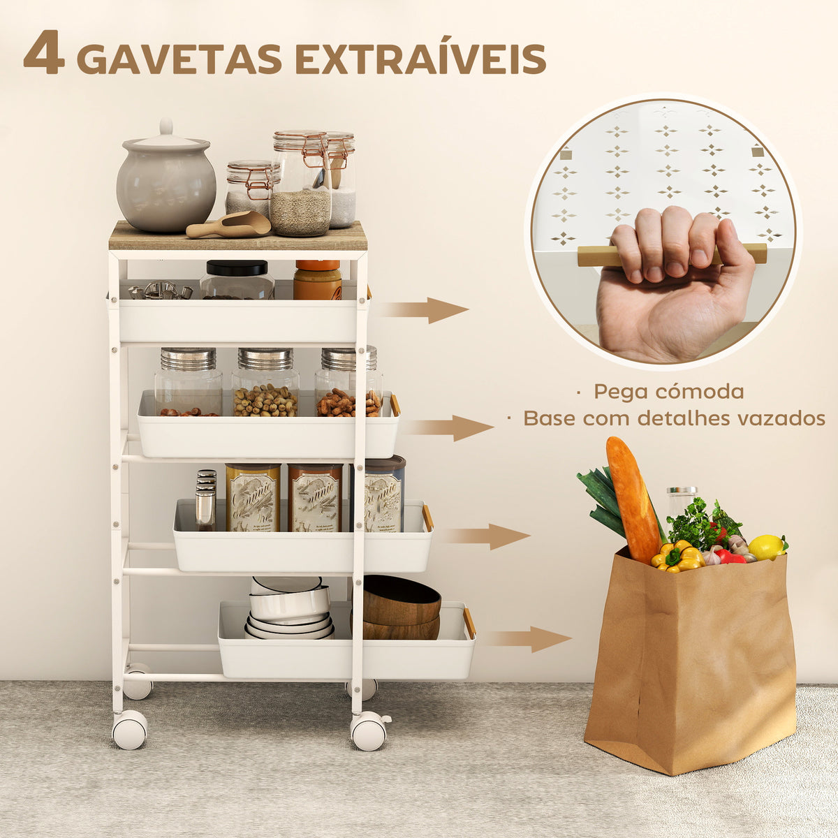 Carrinho de Cozinha de Armazenamento de 5 Níveis Carrinho Auxiliar com Rodas Bancada com Efeito Madeira e 4 Gavetas Removíveis Carrinho de Cozinha 39,5x24x82 cm Branco — foto 4