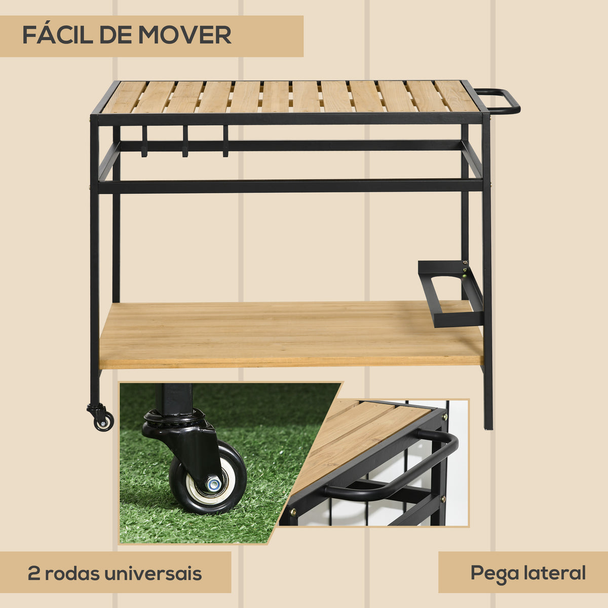 Carrinho Multifuncional com Rodas de Madeira Carrinho de Serviço com Bancada em Ripas 2 Prateleiras 3 Ganchos Carrinho para Jardim Varanda Pátio 107x65x80 cm Madeira — foto 5