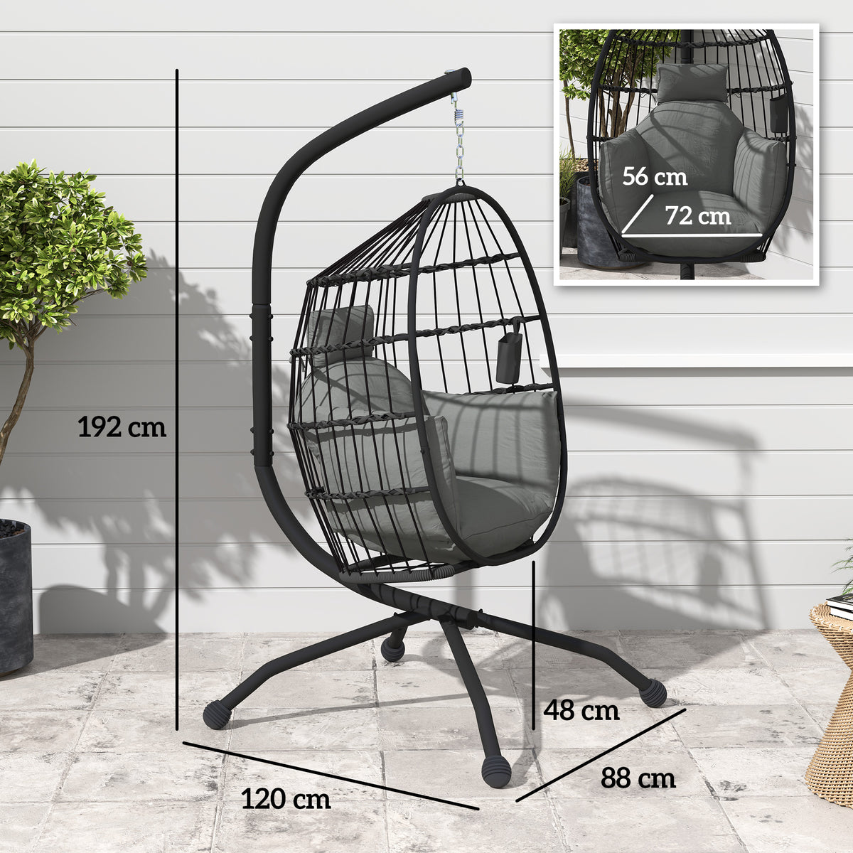 Cadeira Suspensa com Suporte Cadeira Baloiço de Jardim com Cesto Dobrável Almofada e Apoio para a Cabeça Cadeirão Suspenso para Interior e Exterior Carga 120 kg 120x88x192 cm Preto — foto 3