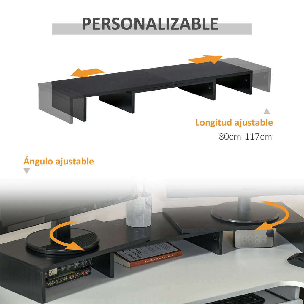 Suporte Elevado para Monitores de Madeira Ajustável em Comprimento e Ângulo para 2 Monitores Notebook 80-117x23,5x10cm Preto — foto 6