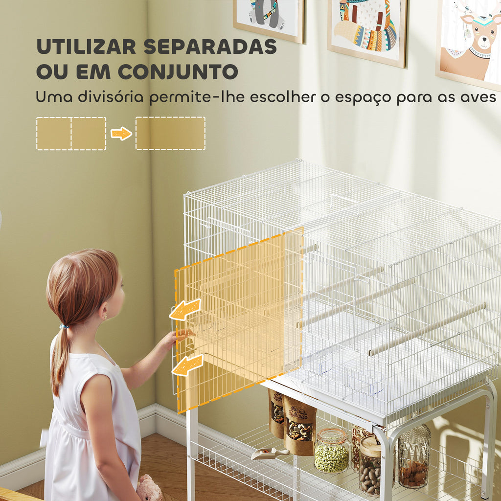 Gaiola para Pássaros com Divisória Gaiola com Rodas para Aves Papagaios Canários Gaiola para Aves com Comedouros Poleiros e Bandeja Removível, 76x46x116 cm Branco — foto 4