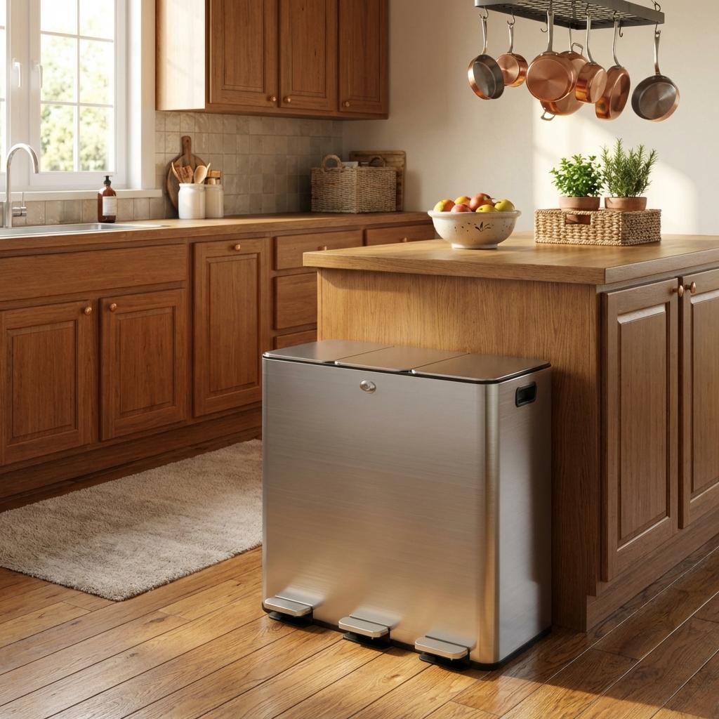 Balde do lixo retangular em aço inoxidável e plástico com pedal tampa fina e 3 compartimentos 60L para reciclagem prateado - 60 L — foto 2