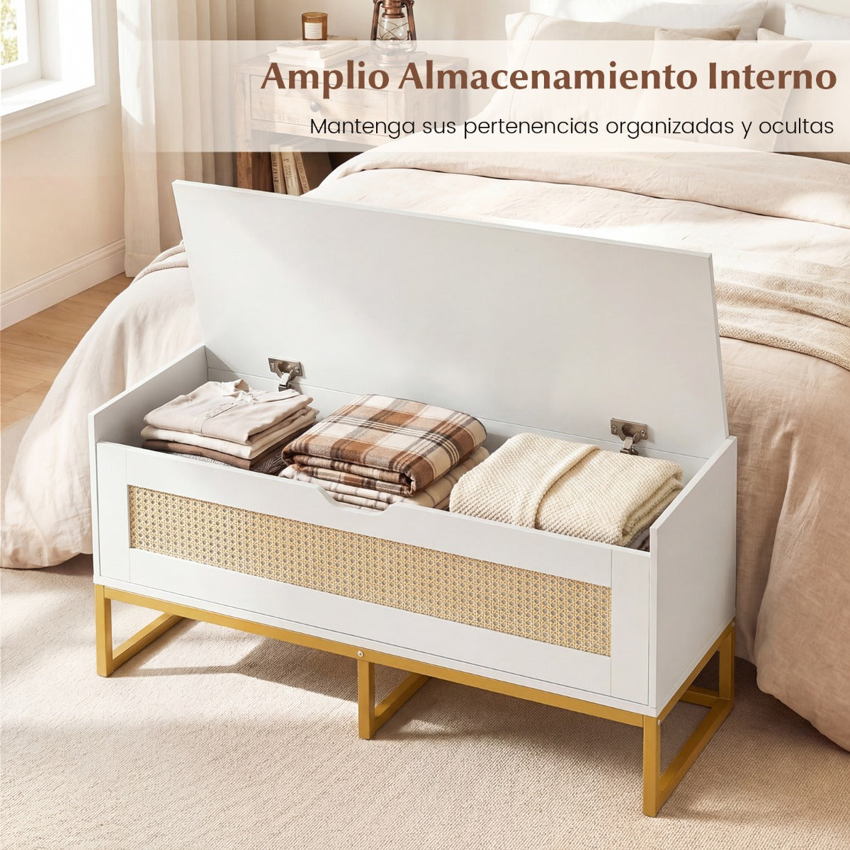Banco de Arrumação com Almofada Acolchoada e Fechos de Segurança Branco e Dourado — foto 6