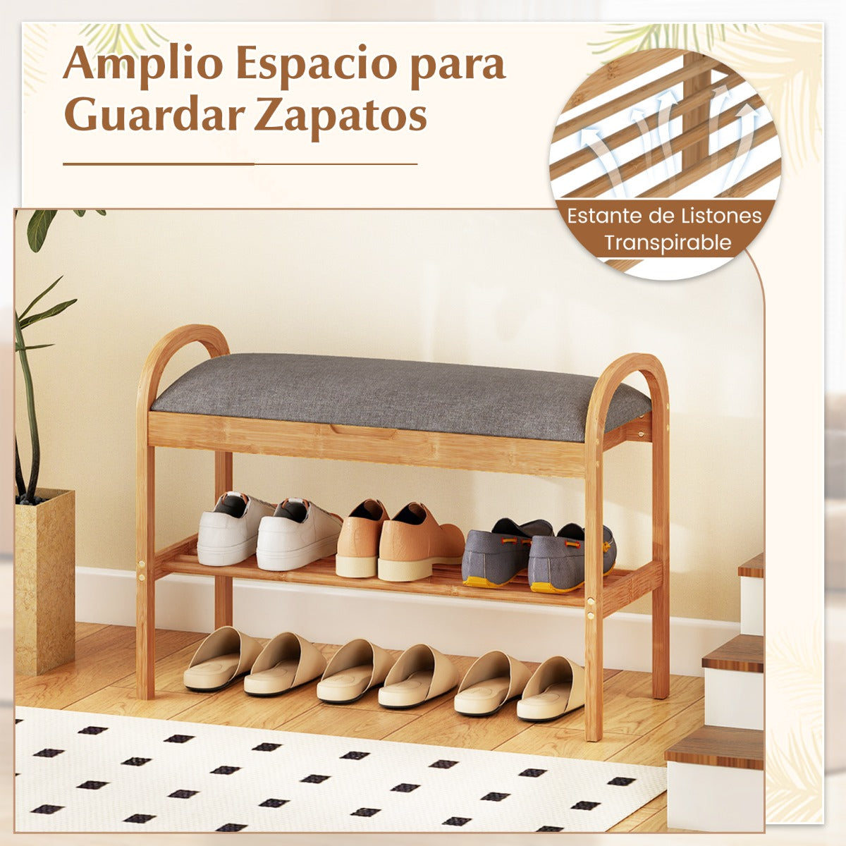 Banco de Bambú para Sapatos 2 Níveis com Almofada Acolchoada 70cm Cinzento — foto 10