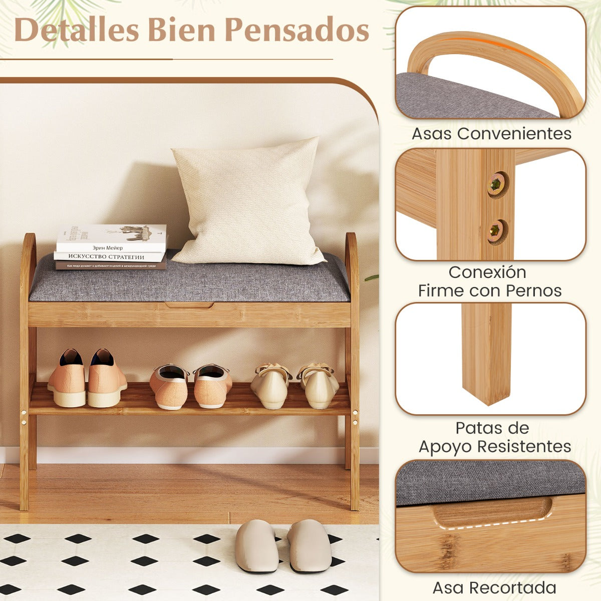 Banco de Bambú para Sapatos 2 Níveis com Almofada Acolchoada 70cm Cinzento — foto 6