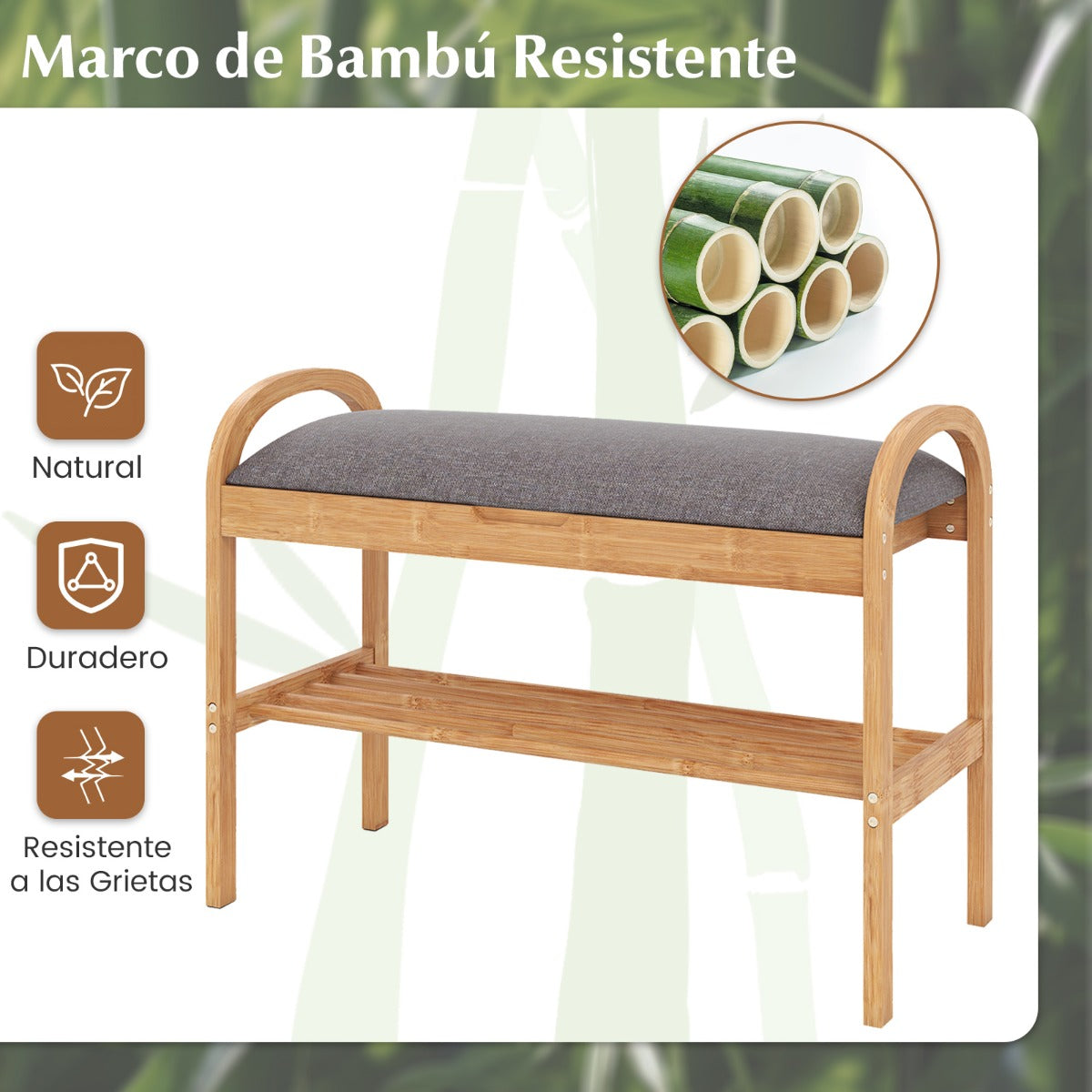 Banco de Bambú para Sapatos 2 Níveis com Almofada Acolchoada 70cm Cinzento — foto 7