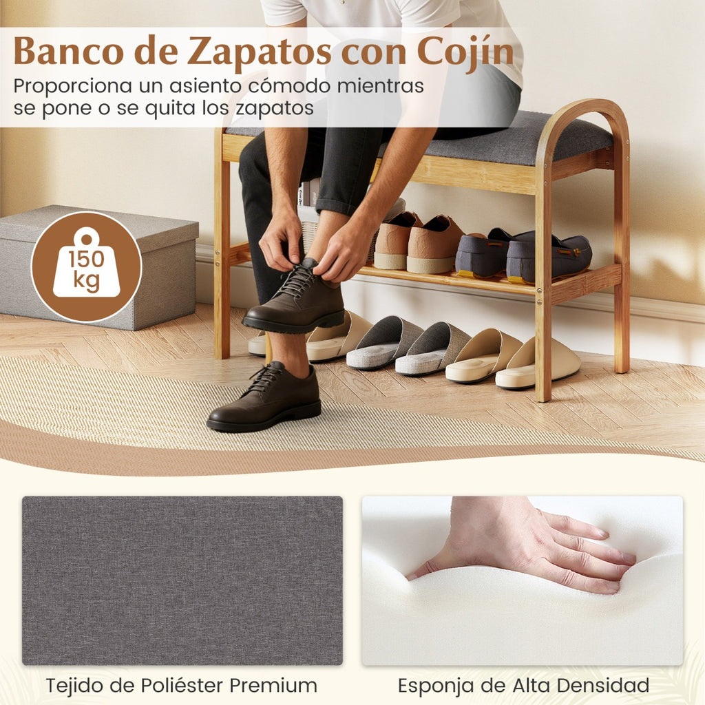 Banco de Bambú para Sapatos 2 Níveis com Almofada Acolchoada 70cm Cinzento — foto 8