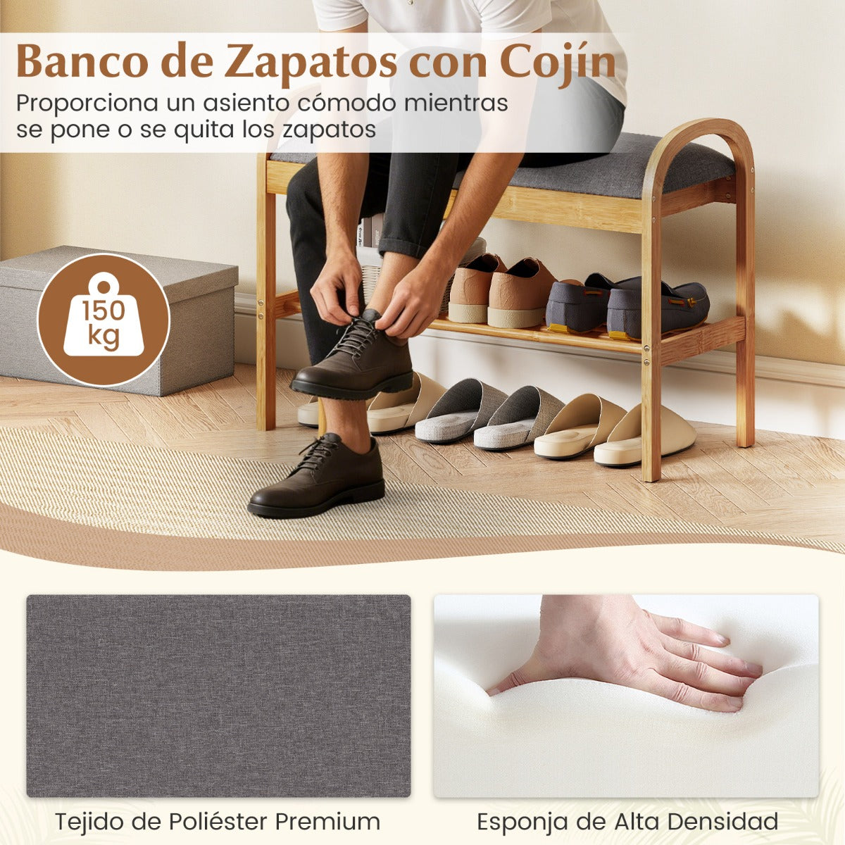 Banco de Bambú para Sapatos 2 Níveis com Almofada Acolchoada 70cm Cinzento — foto 8