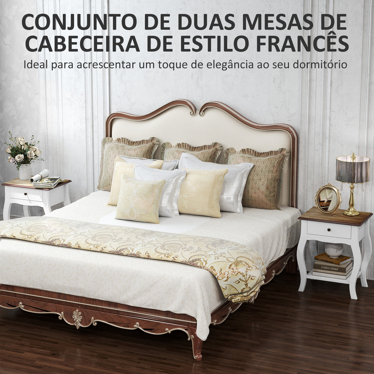 Conjunto de 2 Mesas de Cabeceira Mesas de Cabeceira Quarto com Gaveta Estante Aberto e Bancada Efeito Carvalho Estilo Francês para Sala 45x35x55 cm Branco e Carvalho — foto 4