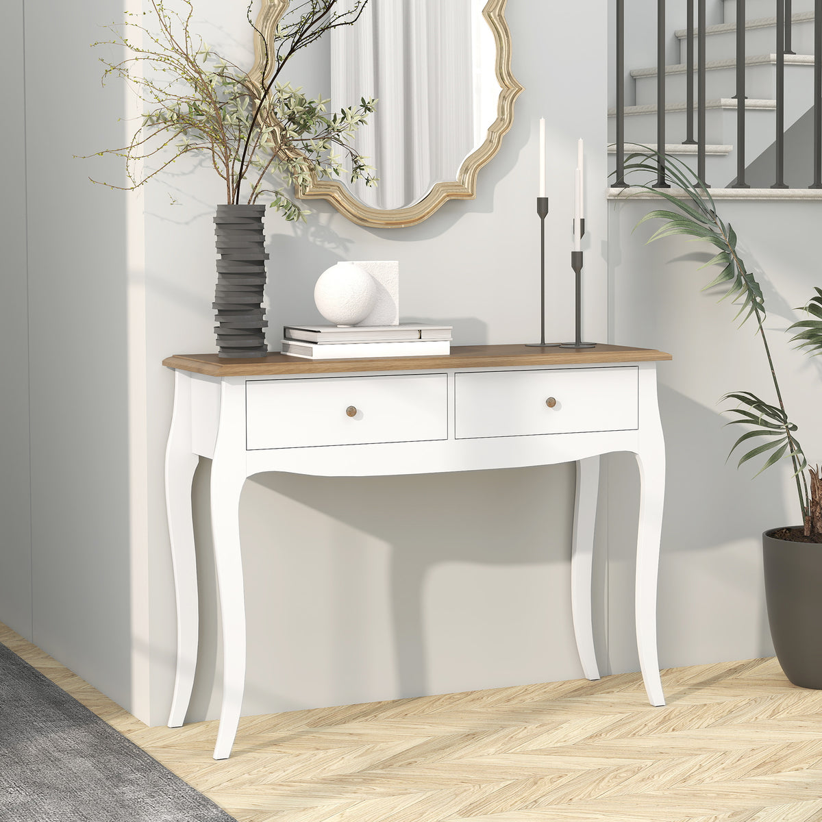 Mesa Consola Consola de Entrada com 2 Gavetas Estilo Francês para Corredor Dormitório Sala de Estar 100x35x76,5 cm Branco e Marrom Escuro — foto 2