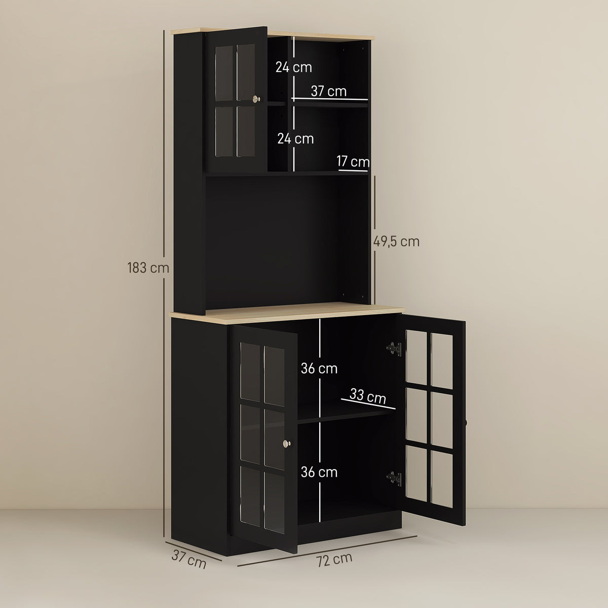 Armário de Cozinha com Prateleiras e Portas de Vidro Armário Alto de Cozinha para Pequenos Eletrodomésticos e Louças 80x37x183 cm Preto — foto 3