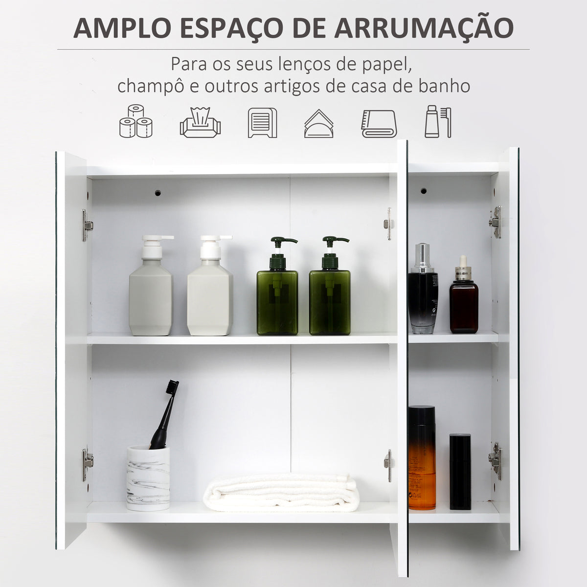 Armário de Casa de Banho com 3 Portas com Espelho Armário de Parede para Casa de Banho com Prateleiras Internas Ajustáveis 70x15x60 cm Branco — foto 5