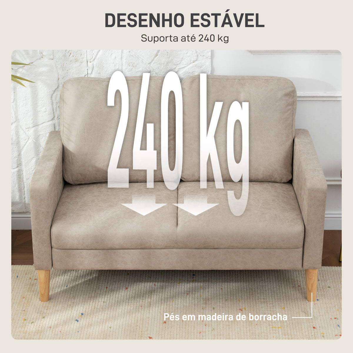 Sofá de 2 Lugares Estofado em Microfibra Sofá Moderno com Pés de Madeira Apoio de Braços para Sala Quarto Escritório Sala de Estar 130x78x85 cm Creme — foto 5