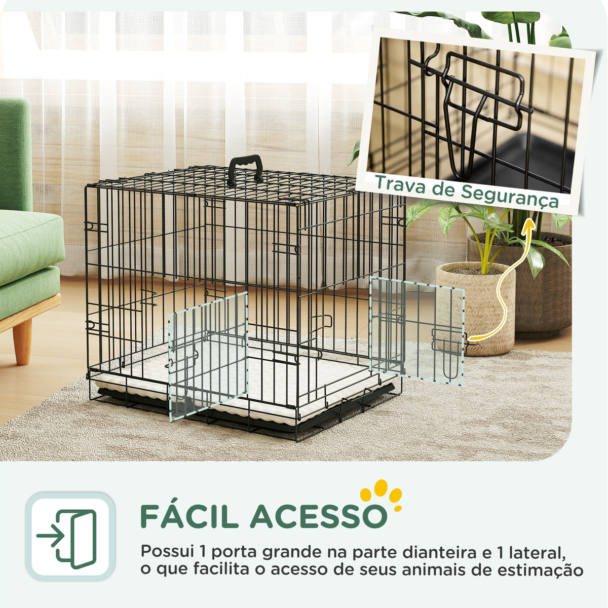 Gaiola para Cães com Almofada Gaiola para Animal de Estimação Dobrável com 2 Portas Alça de Transporte Bandeja Removível Aço 60x40x50 cm Preto e Bege — foto 5